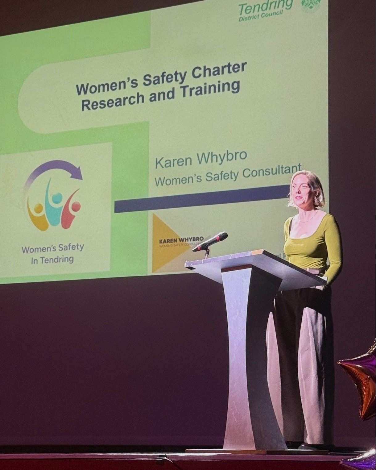 May be an image of text that says "Tendring 华贝い District Council Women's Safety Charter Research and Training Karen Whybro Women's s Safety Consultant Women'sSafety Women's Safety In Tendring KAREN KARENWHYBRO WHYBRO"
